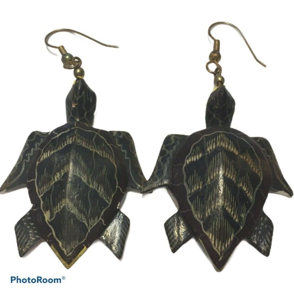 Artisan crafted wood turtle hook earrings boho